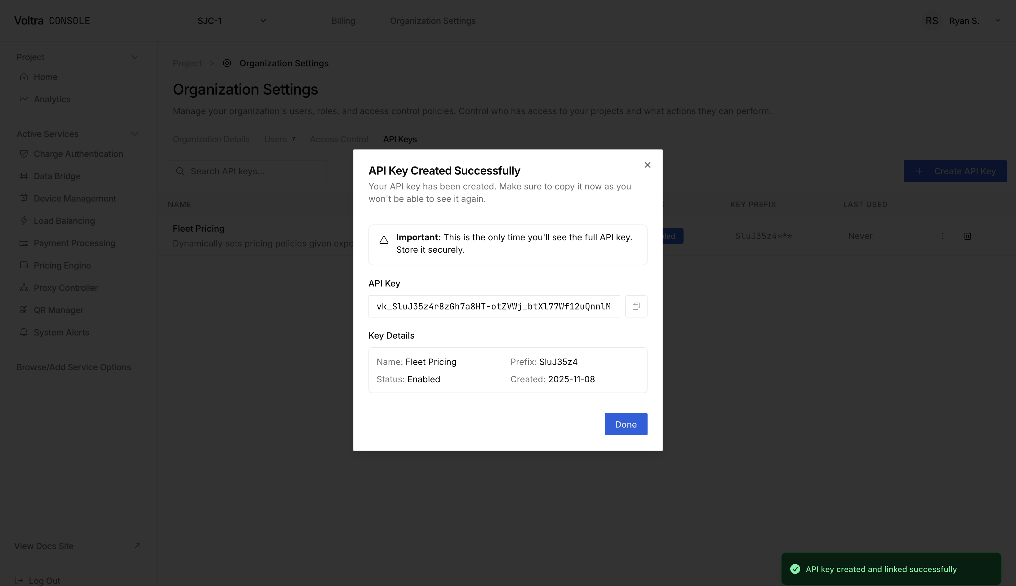 API Key created successfully modal