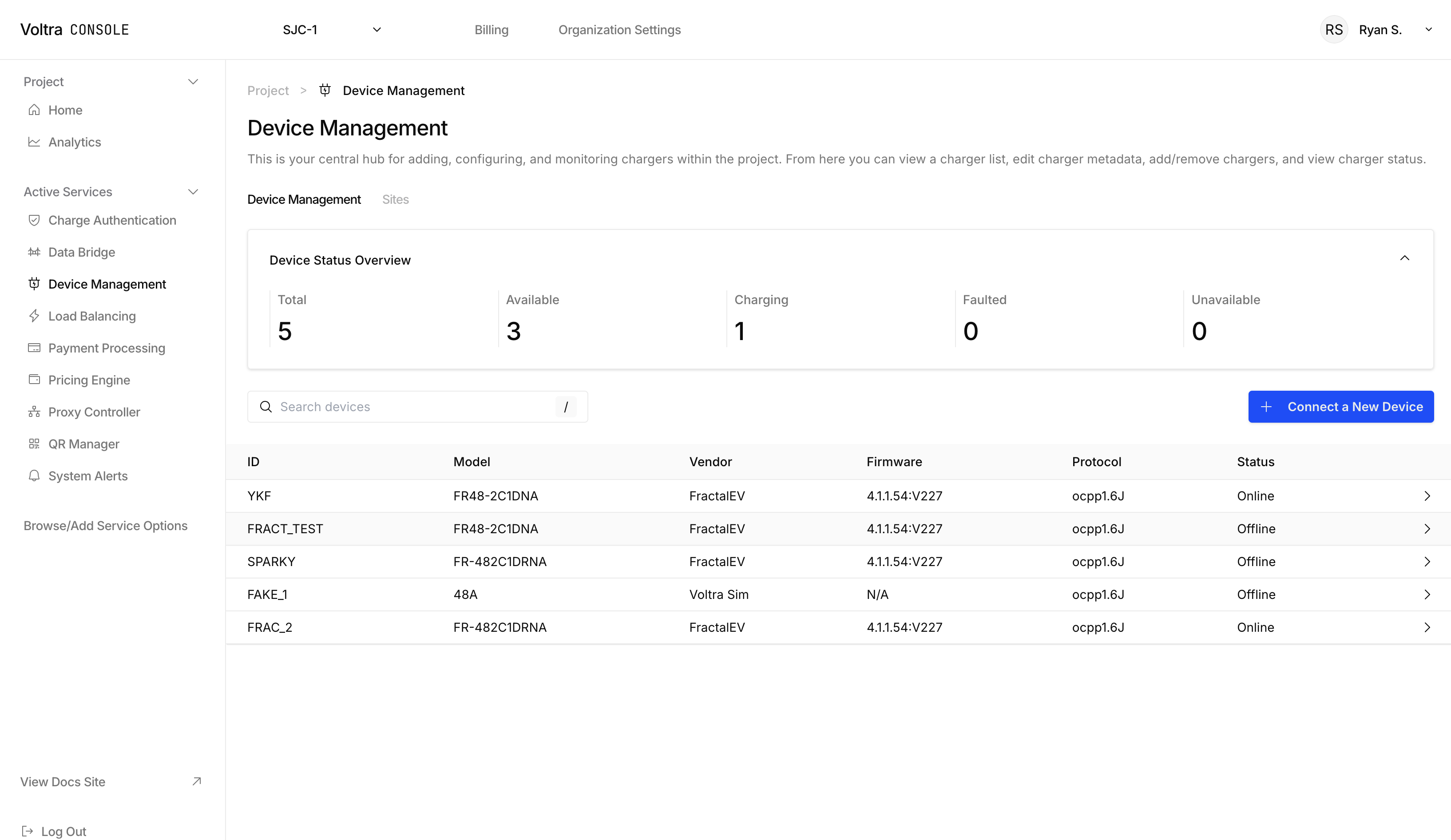 Device Management page with chargers