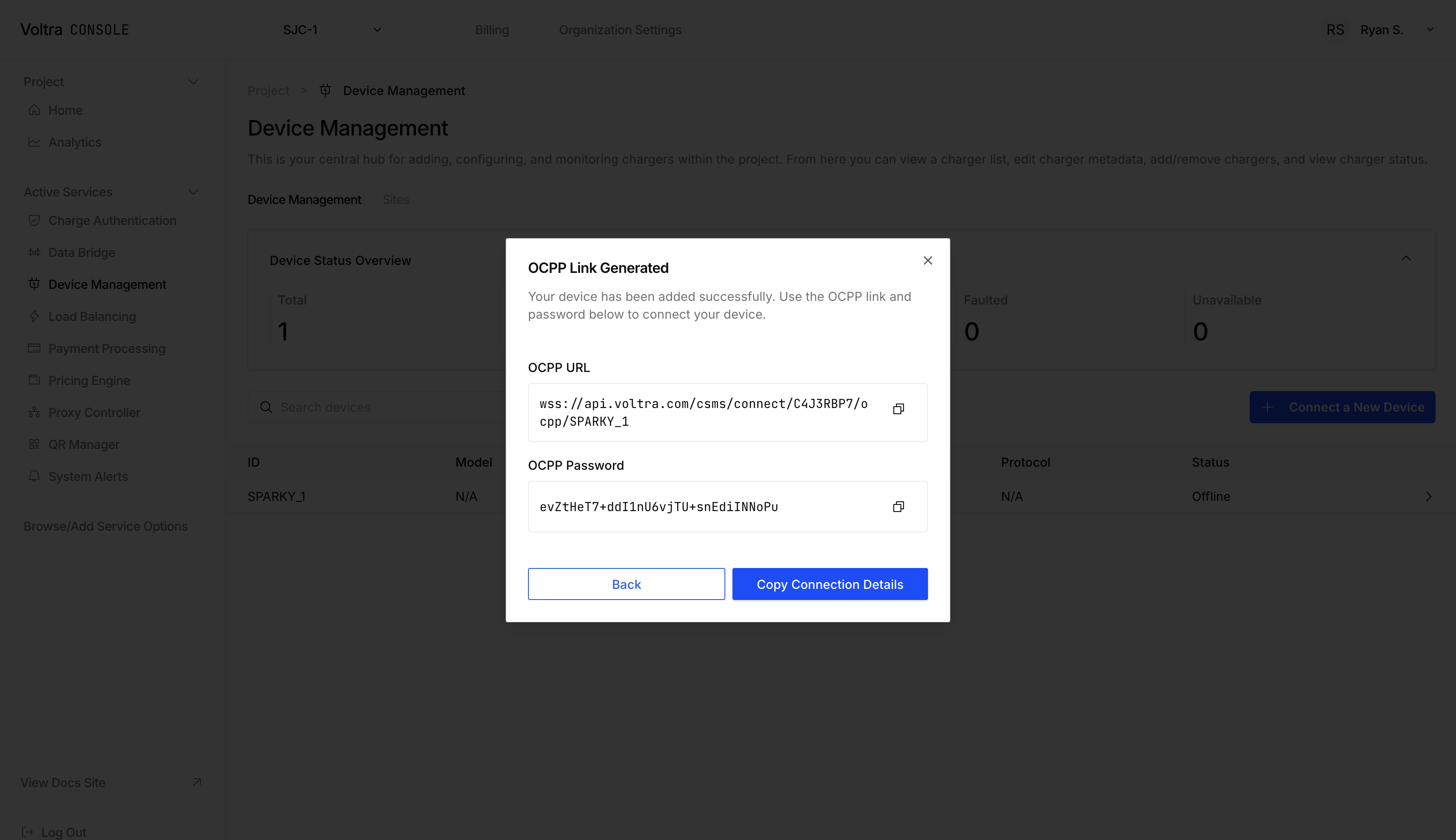 OCPP Link Generated modal