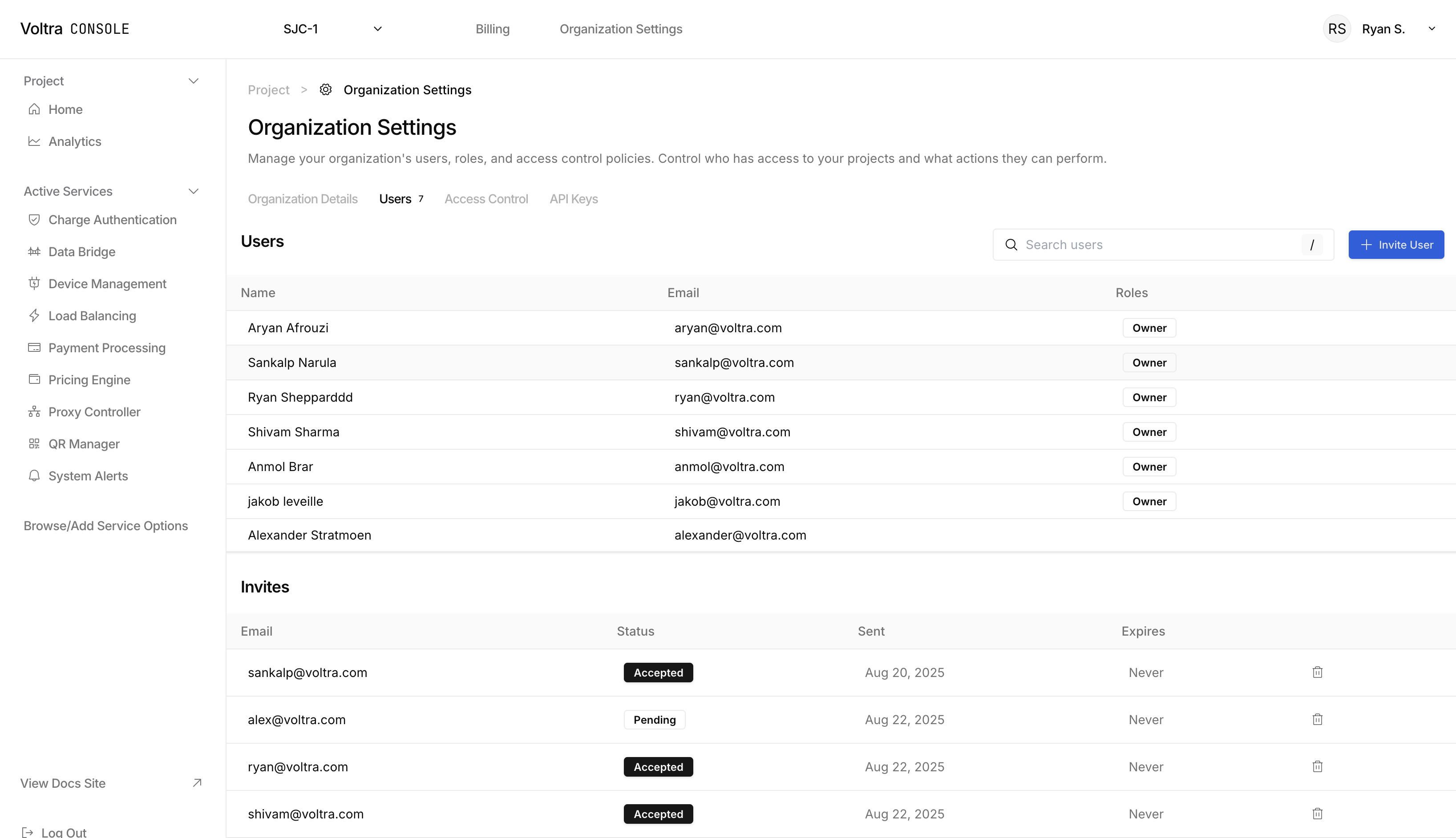 Organization Settings page, Users tab