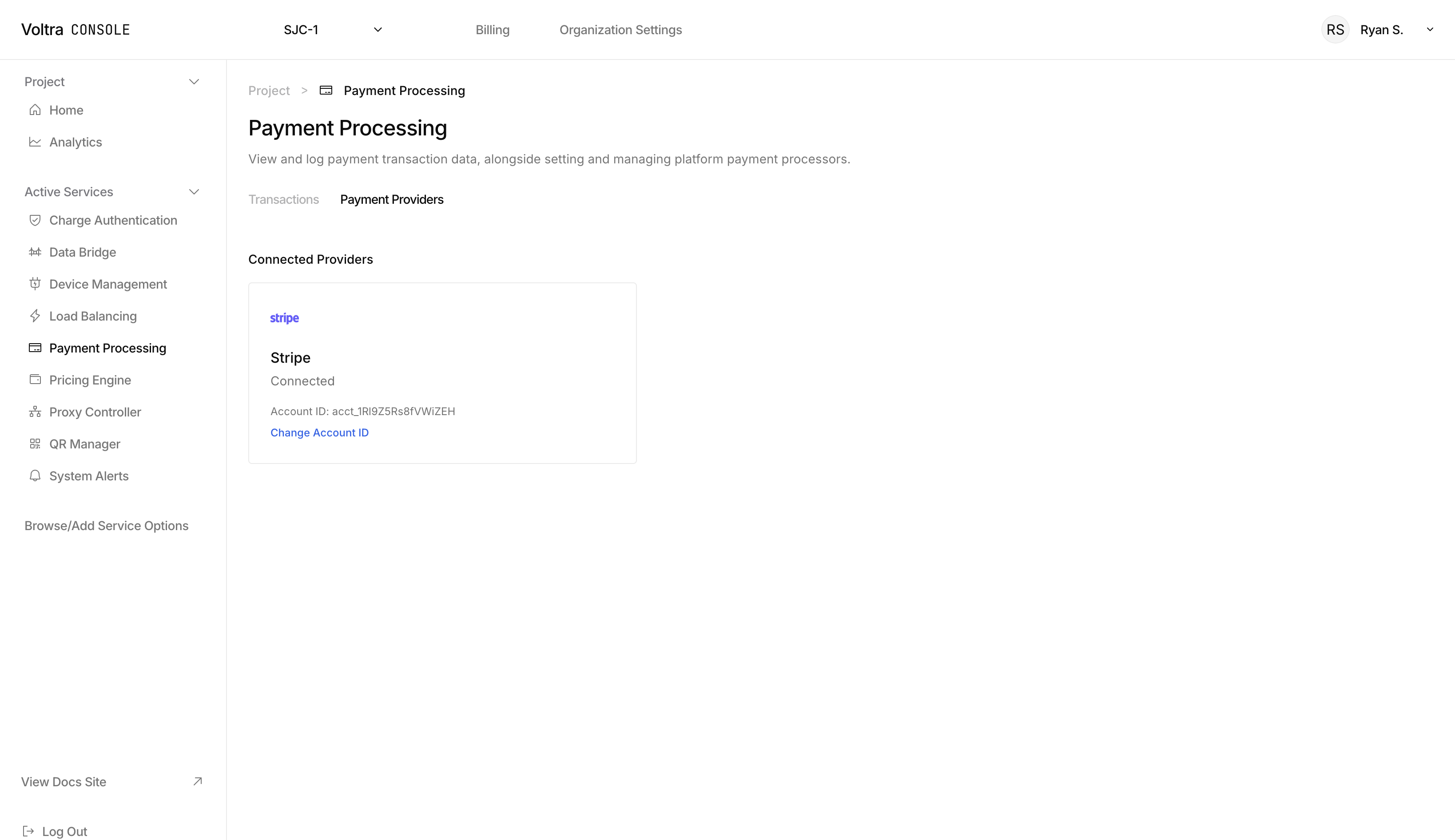 Connected Payment Provider page with Stipe connected