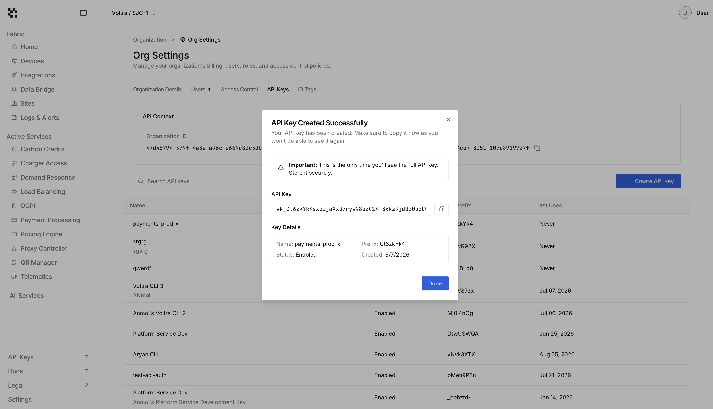API key created successfully
