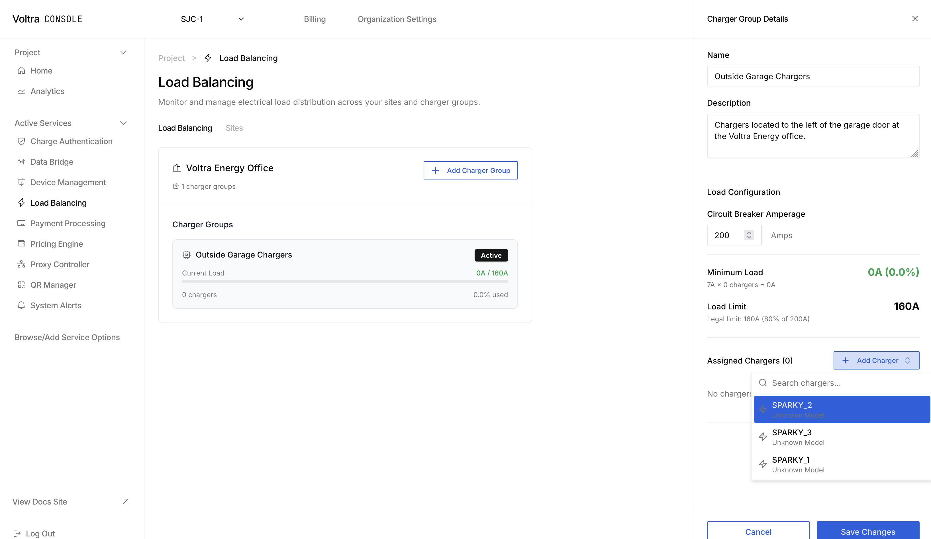 Charger group sidebar with add charger button