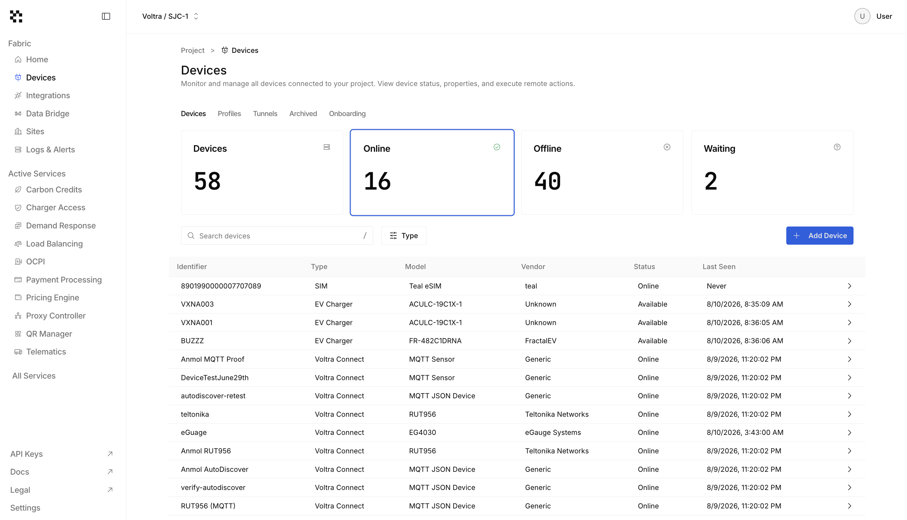 Device Management page with chargers