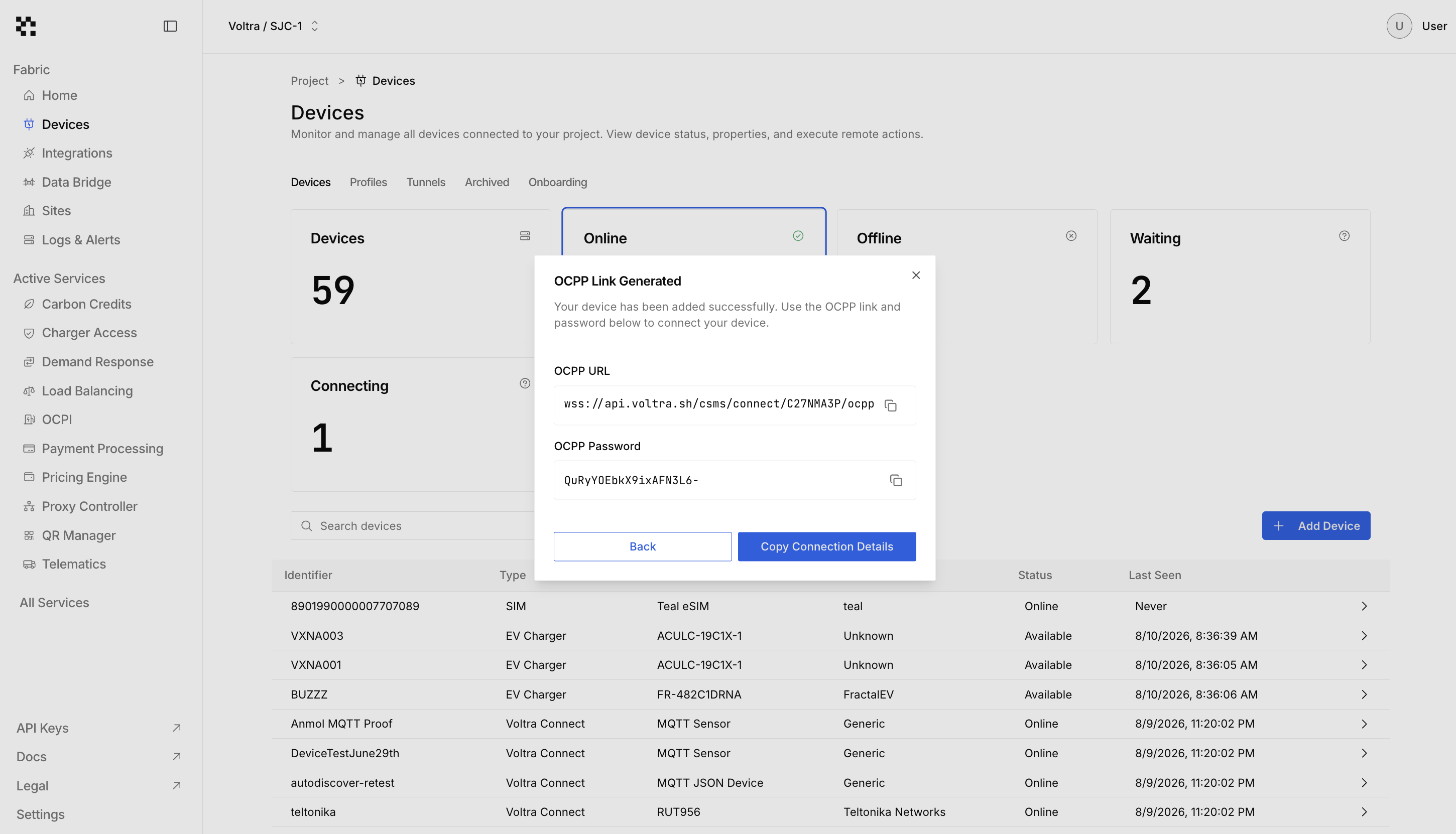OCPP link generated modal