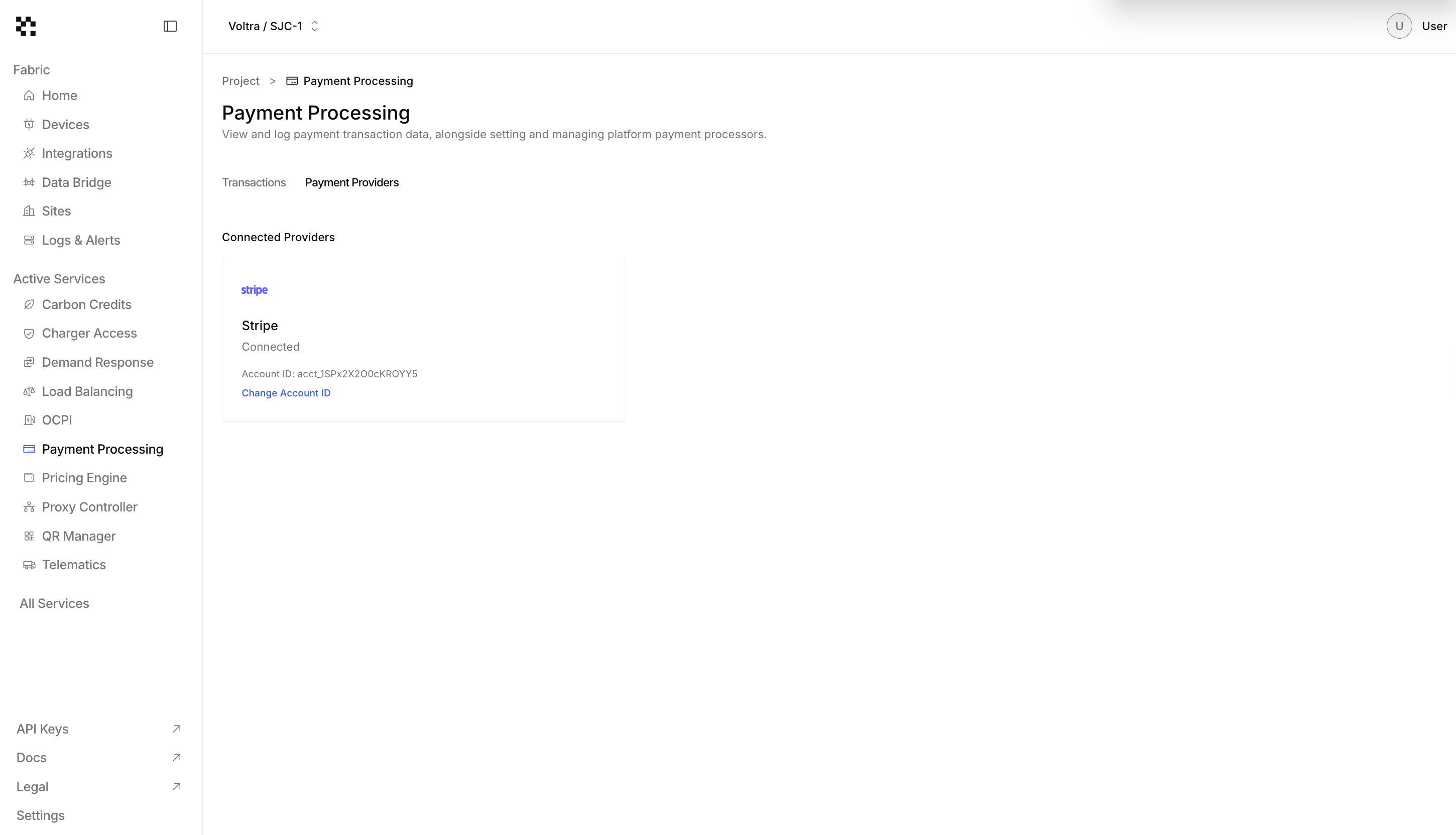 Connected Payment Provider page with Stipe connected
